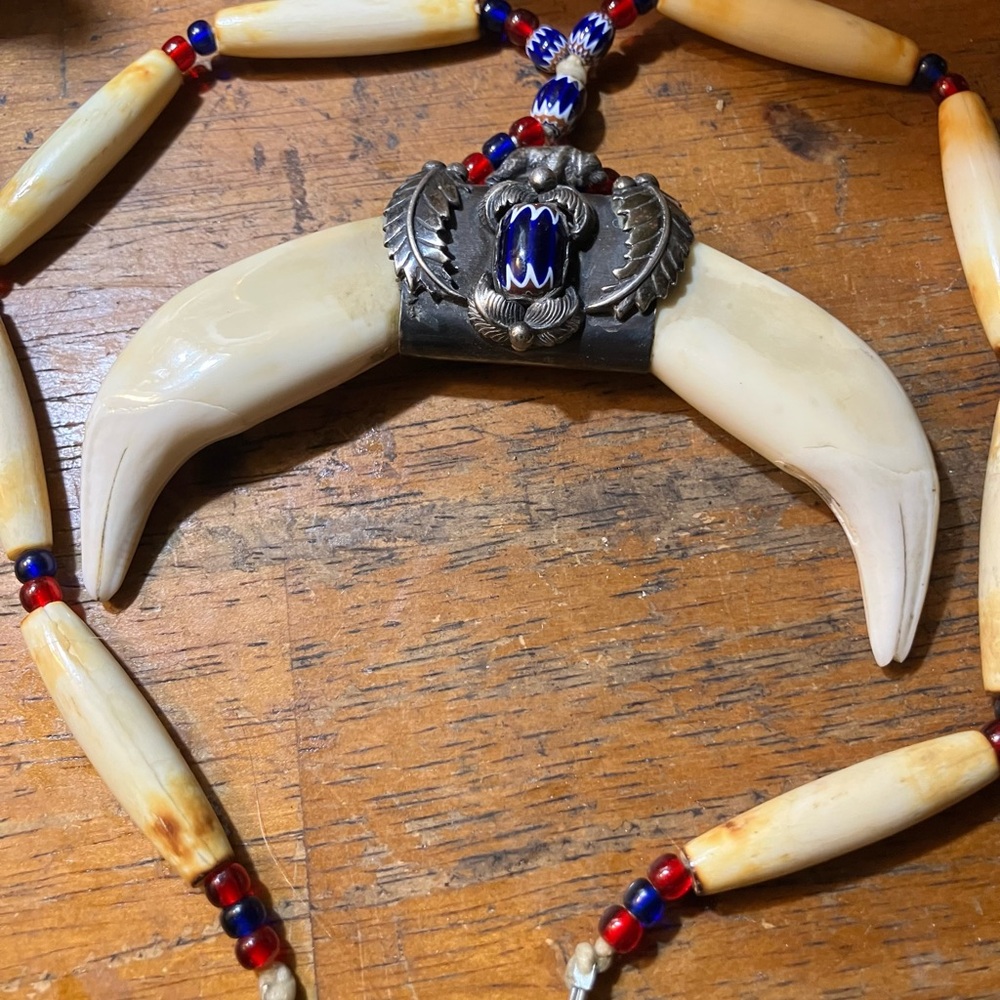 Antique native american silver bone, glass beads , tusk Necklace 12”